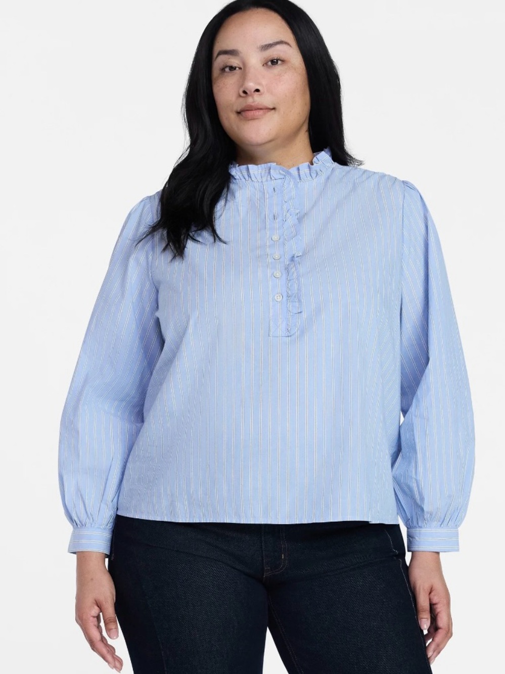NWT Time and Tru Light Blue Stripe Ruffle Collar Blouse